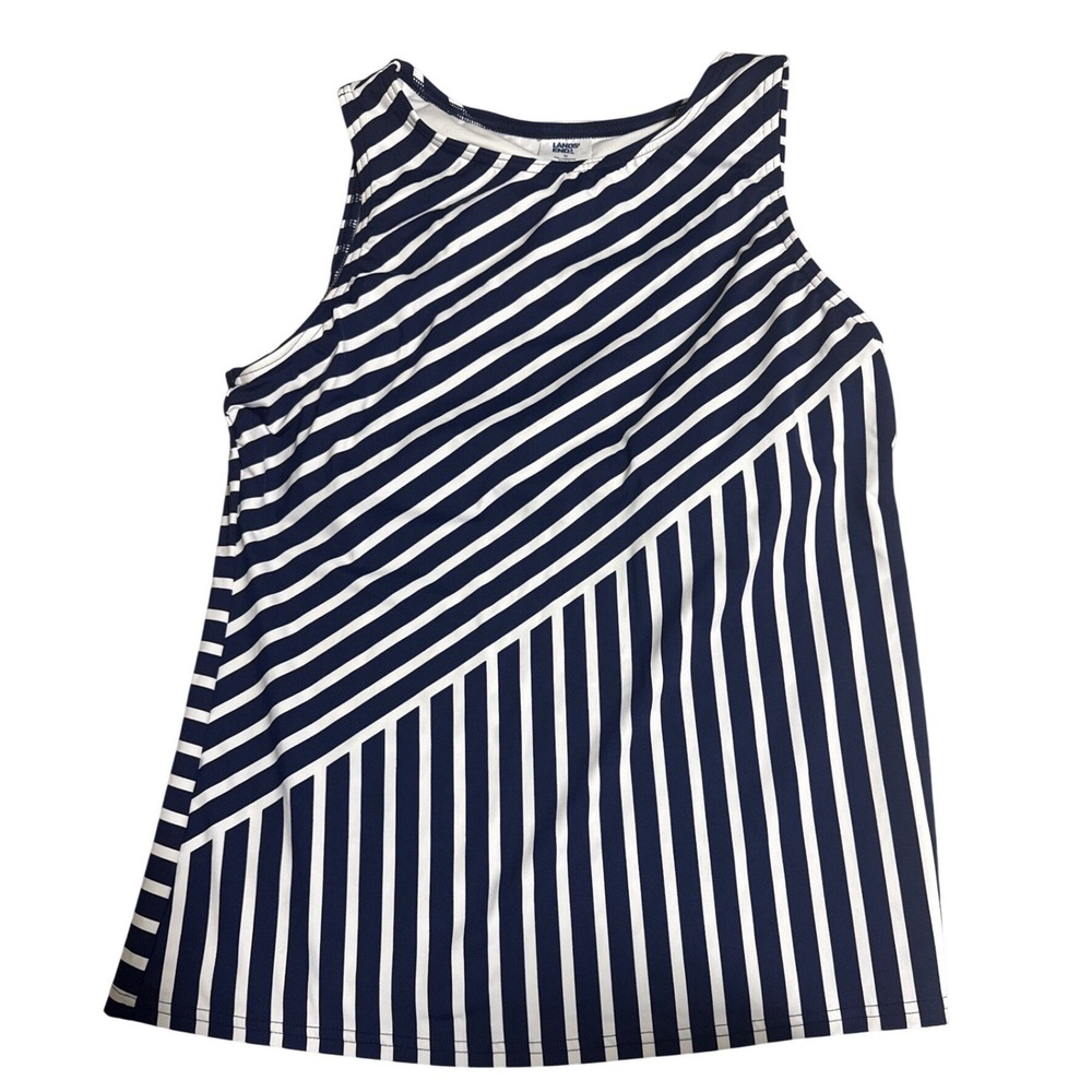 Lands End Womens Navy Blue White Mixed Stripe High Neck Tankini Swim Top Size 10